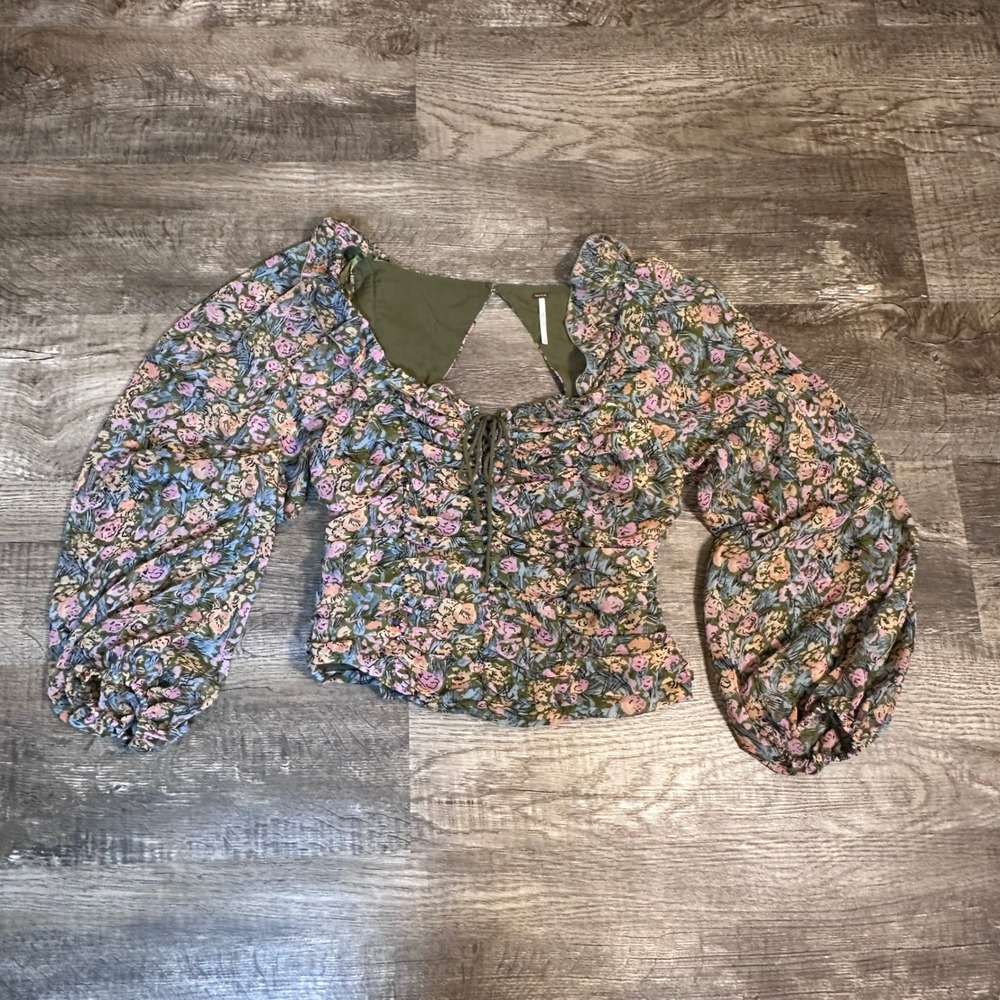 Free People Floral Smocked Balloon Sleeve Cutout Back Blouse Olive Multi M